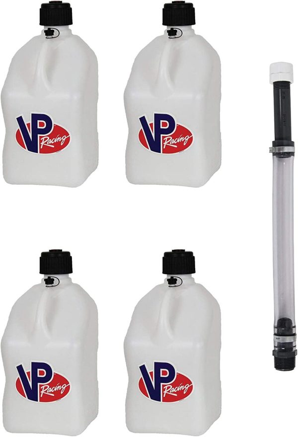 VP Racing Fuels 5.5-Gallon Square Motorsport Utility Container, White 4 Pack w/14 Inch Standard Hose Close-Trimmed Cap and Neck for Tight Seal