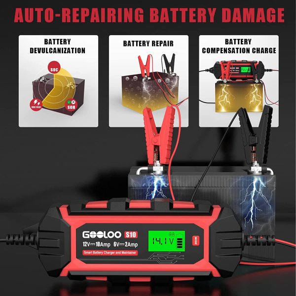 10-Amp Car Battery Charger, 6V and 12V Fully Automatic Battery Charger Maintainer, Trickle Charger, Supersafe Smart Battery Desulfator for Lead-Acid Batteries(S10) - Image 3