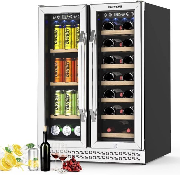 Yolsali 24 Inch Wine Cooler, Beverage Refrigerator, Dual Zone Wine Cooler Refrigerator with 2 Safety Locks, Adjustable Legs, Soft LED Light, Hold 20 Bottles and 57 Cans, Built-In or Freestanding