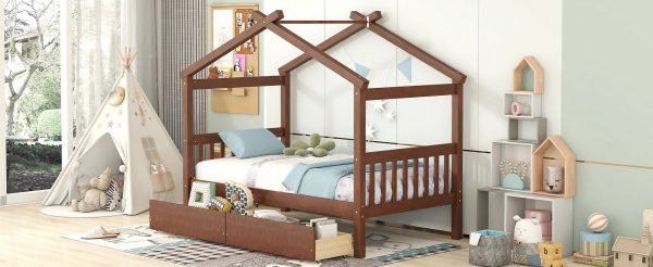 Upgrade your bedroom decor with this cozy and elegant Twin Size Wooden House Bed. Featuring spacious drawers and a stylish walnut finish this bed is the perfect addition to your bedroom. - Image 5