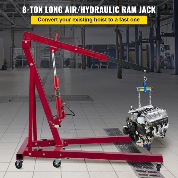 VEVOR Hydraulic / Pneumatic Long Ram Jack, 8 Tons/17363 lbs Capacity, with Single Piston Pump and Clevis Base, Manual Cherry Picker w/Handle, for Garage/Shop Cranes, Engine Lift Hoist, Red - Image 2