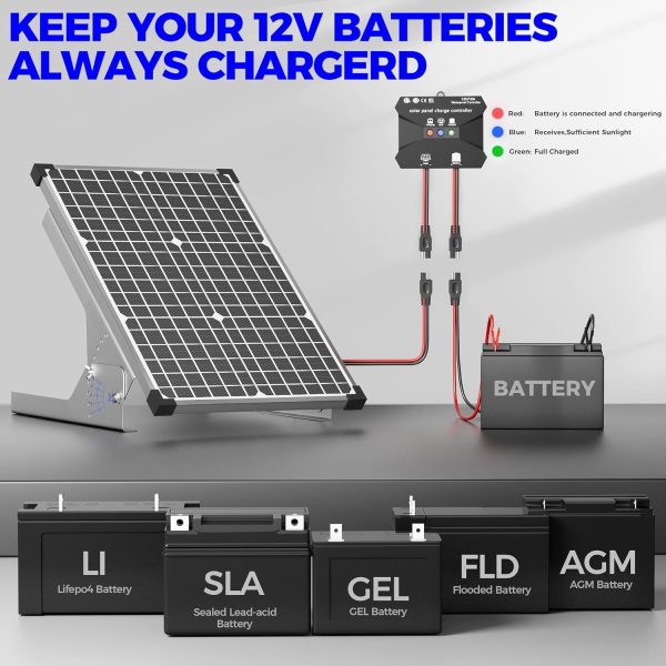 Voltset 30W Solar Panel Kit, 12v Solar Battery Trickle Charger Maintainer + 10A MPPT Charge Controller + Adjustable Mount Bracket,Waterproof Solar Panel Battery Charger for Car Boat Marine RV Roof - Image 5