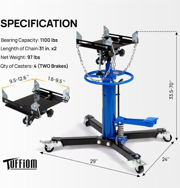 TUFFIOM Transmission Jack, 1,100 lbs 1/2-Ton Hydraulic 2-Stage High Lift Vertical Telescoping Floor Jack Stand, 34" to 68" Lifting Range, w/Pedal, 360° Swivel Wheels, Garage/Shop Lift Hoist - Image 6