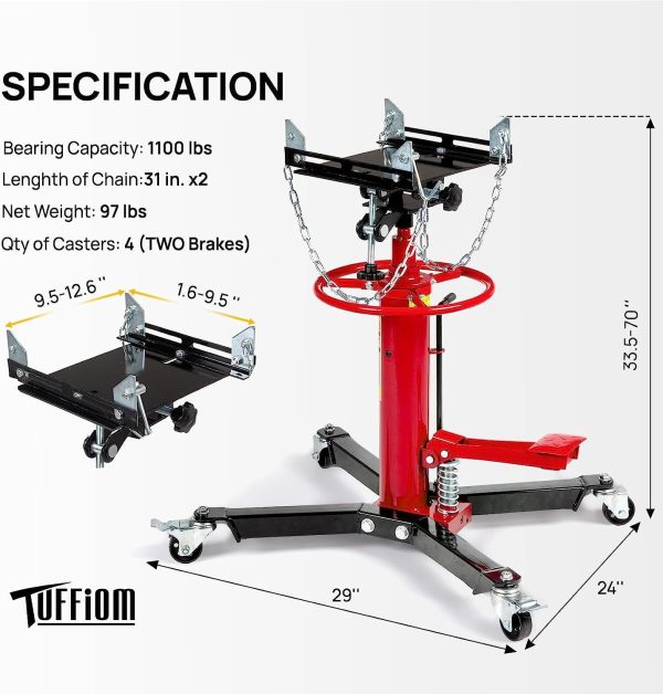 TUFFIOM Transmission Jack, 1,100 lbs 1/2-Ton Hydraulic 2-Stage High Lift Vertical Telescoping Floor Jack Stand, 34" to 68" Lifting Range, w/Pedal, 360° Swivel Wheels, Garage/Shop Lift Hoist - Image 6