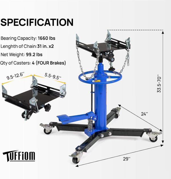 TUFFIOM Transmission Jack, 1660 lbs 3/4-Ton Hydraulic 2-Stage High Lift Vertical Telescoping Floor Jack Stand, 34" to 68" Lifting Range, w/Pedal, 360° Swivel Wheels, Garage/Shop Lift Hoist - Image 6