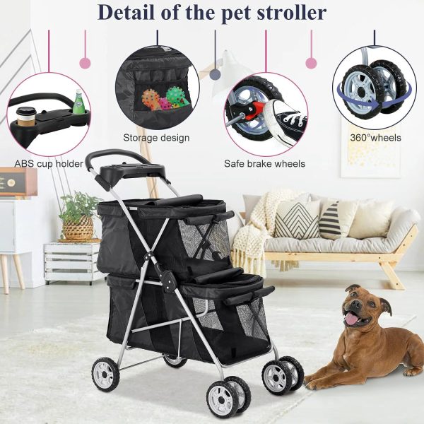 4 Wheels Pet Stroller Dog Cat Stroller, Foldable 2 Cages Strollers Kitten Puppy Carriages w/Cup Holders Soft Pad for Small Medium Dogs Cats (Black) - Image 4