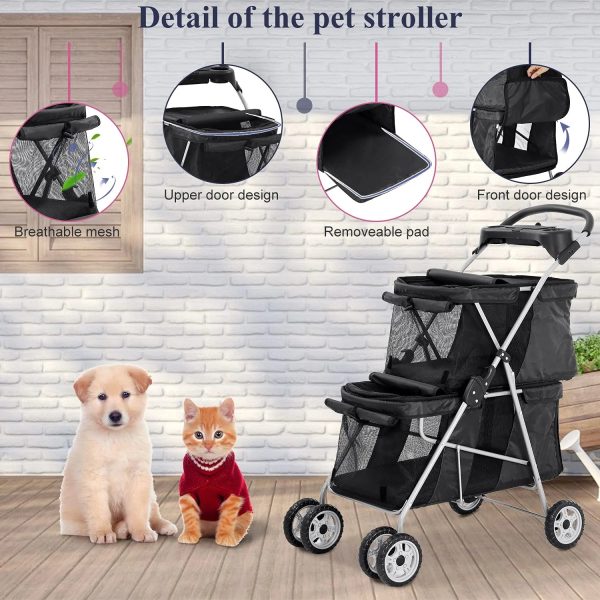 4 Wheels Pet Stroller Dog Cat Stroller, Foldable 2 Cages Strollers Kitten Puppy Carriages w/Cup Holders Soft Pad for Small Medium Dogs Cats (Black) - Image 5