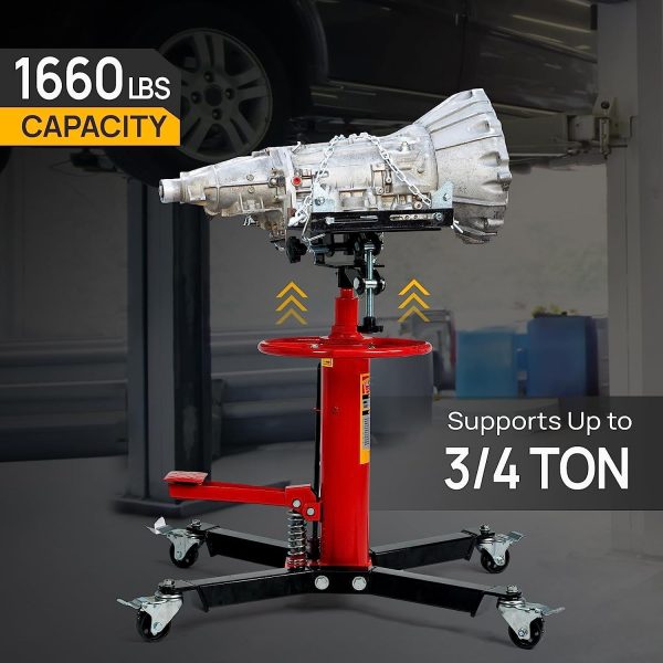 TUFFIOM Transmission Jack, 1660 lbs 3/4-Ton Hydraulic 2-Stage High Lift Vertical Telescoping Floor Jack Stand, 34" to 68" Lifting Range, w/Pedal, 360° Swivel Wheels, Garage/Shop Lift Hoist - Image 9