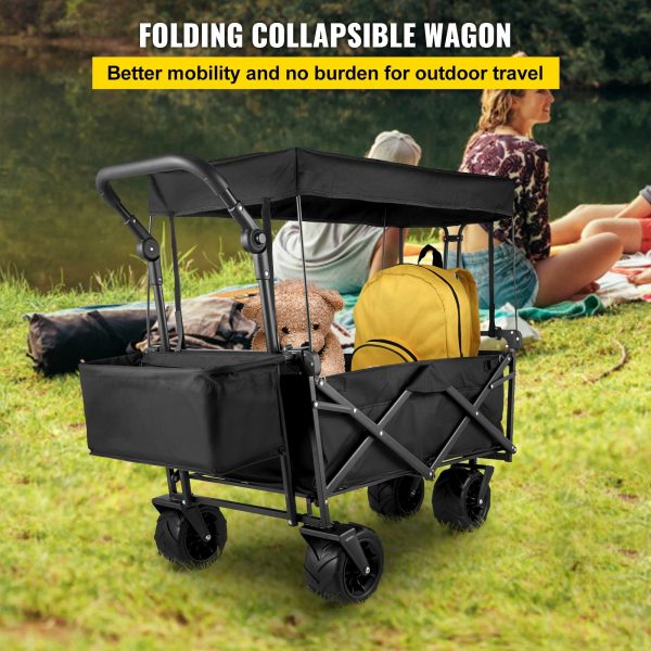 VEVORbrand Collapsible Wagon Cart Black， Foldable Wagon Cart Removable Canopy 602D Oxford Cloth， Collapsible Wagon Oversized Wheels， Portable Folding Wagon Adjustable Handles， Beach， Garden， Sports - Image 2