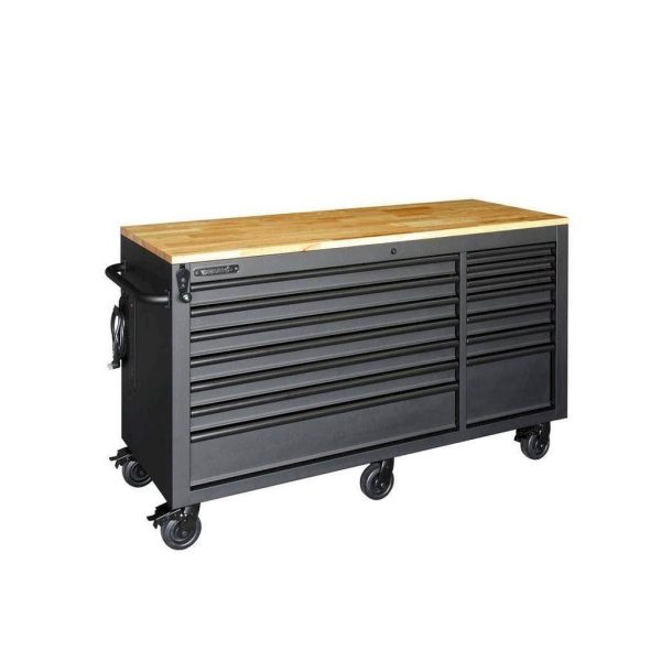 62 in. W 14-Drawer, Tool Chest Mobile Workbench in Matte Black