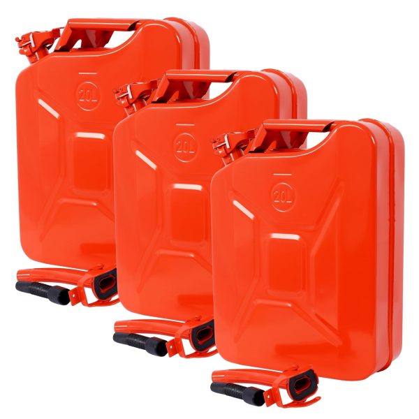 20 Liter (5 Gallon) Jerry Fuel Can with Flexible Spout, Portable Jerry Cans Fuel Tank Steel Fuel Can, Fuels Gasoline Cars, Trucks, Equipment, RED 3pcs/set