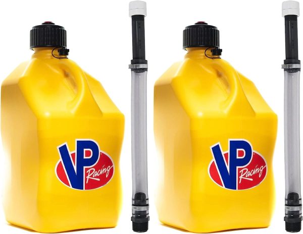 VP Racing 5.5-Gallon Square Motorsport Racing Utility Liquid Fuel Container Jug and 14 In Deluxe Hose Kit and Multipurpose Cap, Yellow 2 Pack