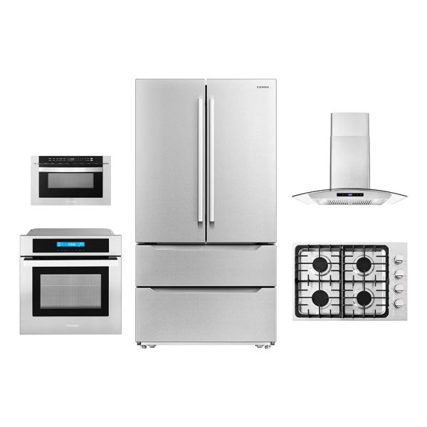 5 Piece Kitchen Package With 30" Gas Cooktop 30" Wall Mount Range Hood 24" Single Electric Wall Oven 24" Built-In Microwave Drawer & French Door Refrigerator