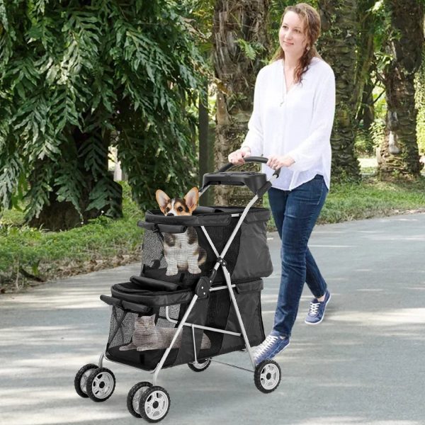 4 Wheels Pet Stroller Dog Cat Stroller, Foldable 2 Cages Strollers Kitten Puppy Carriages w/Cup Holders Soft Pad for Small Medium Dogs Cats (Black) - Image 8