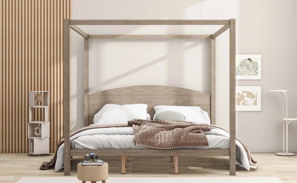 Upgrade your regal bedroom with this elegant and luxurious brown wash canopy platform king size bed. Featuring sturdy support legs and a stylish headboard this bed is the perfect additio - Image 4