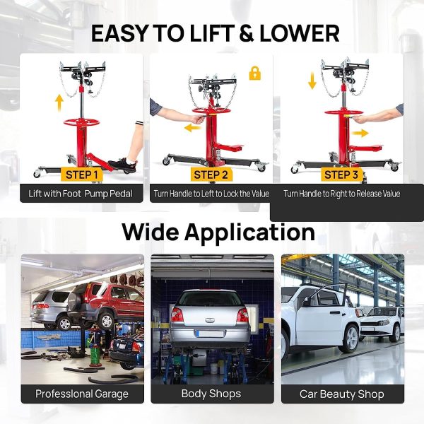 TUFFIOM Transmission Jack, 1,100 lbs 1/2-Ton Hydraulic 2-Stage High Lift Vertical Telescoping Floor Jack Stand, 34" to 68" Lifting Range, w/Pedal, 360° Swivel Wheels, Garage/Shop Lift Hoist - Image 7