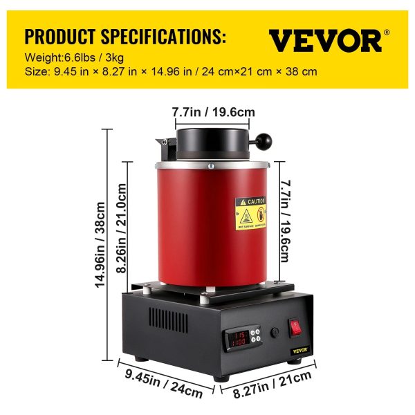 VEVOR Electric Melting Furnace, 3KG Digital Electric Melting Furnace, 1750W 1150℃/2102 ℉ Gold Smelter Furnace W/ Graphite Crucible & Ingot Die for Processing of Melting Gold, Silver, Copper, Aluminum - Image 7