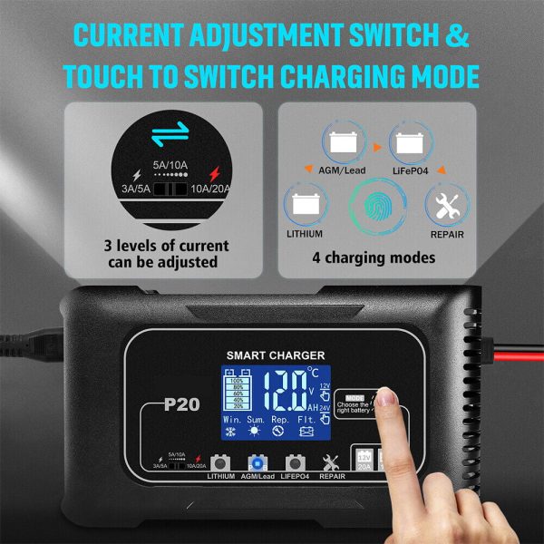 JLLOM 20-Amp Smart Battery Charger,12V-24V Lithium Lifepo4 Lead-Acid(AGM/Gel/SLA) Car Battery Charger Trickle Charger Maintainer Pulse Repair Charger for Car Boat Motorcycle Lawn Mower - Image 15