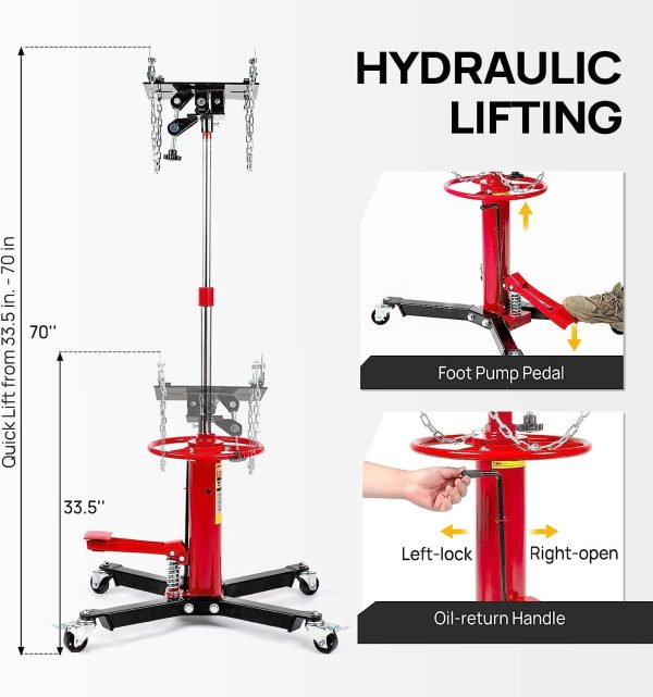 TUFFIOM Transmission Jack, 1,100 lbs 1/2-Ton Hydraulic 2-Stage High Lift Vertical Telescoping Floor Jack Stand, 34" to 68" Lifting Range, w/Pedal, 360° Swivel Wheels, Garage/Shop Lift Hoist - Image 4