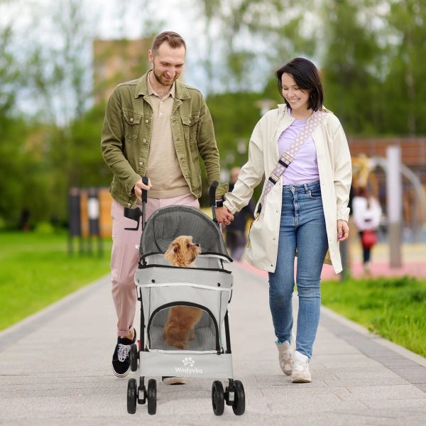 4 Wheel Foldable Cat Dog Stroller with Storage Basket, Handle 360° Front Wheel Rear Wheel with Brake for Small Medium Dogs & Cats-Gray - Image 6