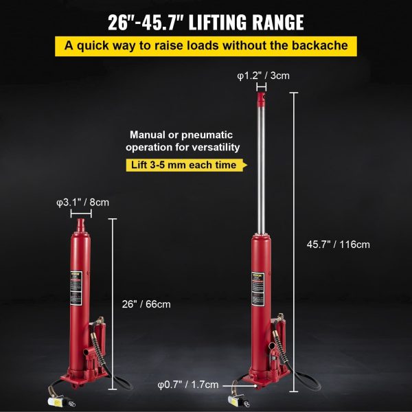 VEVOR Hydraulic / Pneumatic Long Ram Jack, 8 Tons/17363 lbs Capacity, with Single Piston Pump and Clevis Base, Manual Cherry Picker w/Handle, for Garage/Shop Cranes, Engine Lift Hoist, Red - Image 3