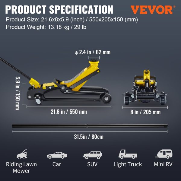 VEVOR Low Profile Floor Jack 2.5 ton Heavy Steel Single Piston Hydraulic Pump - Image 7