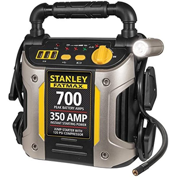 STANLEY FATMAX J7CS Portable Power Station Jump Starter: 700 Peak/350 Instant Amps, 120 PSI Air Compressor, 3.1A USB Ports, Battery Clamps