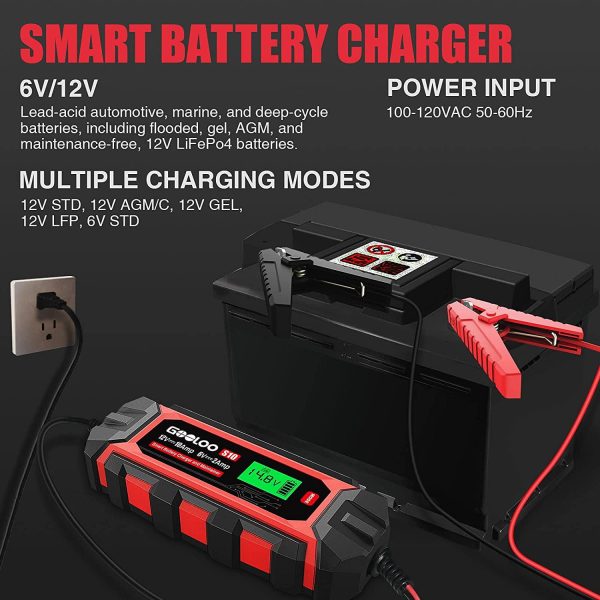 10-Amp Car Battery Charger, 6V and 12V Fully Automatic Battery Charger Maintainer, Trickle Charger, Supersafe Smart Battery Desulfator for Lead-Acid Batteries(S10) - Image 2