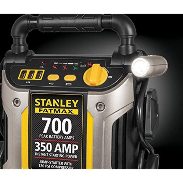 STANLEY FATMAX J7CS Portable Power Station Jump Starter: 700 Peak/350 Instant Amps, 120 PSI Air Compressor, 3.1A USB Ports, Battery Clamps - Image 4