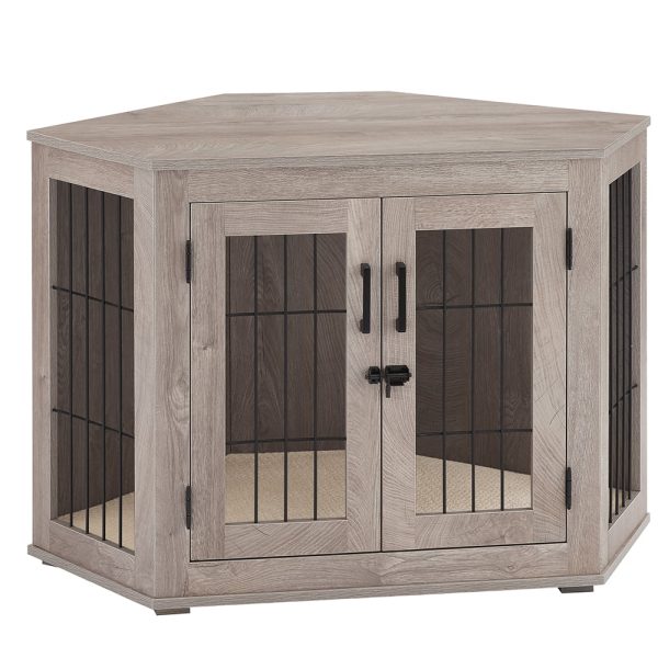 Unipaws Corner Dog Crate Furniture, Wooden Dog Kennel for Dogs Puppy, Pet Crate for Limited Room, Medium, Weathered Gray - Image 2