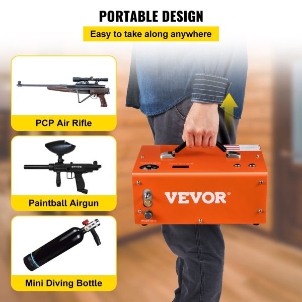 VEVORbrand PCP Air Compressor, 4500PSI Portable PCP Compressor, 12V DC 110V/220V AC PCP Airgun Compressor Auto-stop, w/ Built-in Adapter, Fan Cooling, for Paintball, Air Rifle, Mini Diving Bottle - Image 6