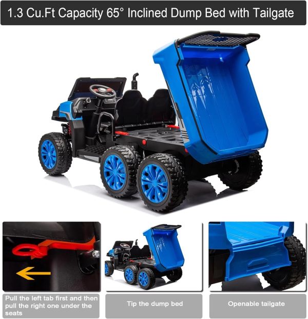 Track 7 24V Ride on Dump Truck, 2-Seater Ride on Car with Remote Control, 6 Wheels Electric Tractor with Dump Bed, Music, Shift Lever, 4WD off-Road UTV, Blue - Image 3