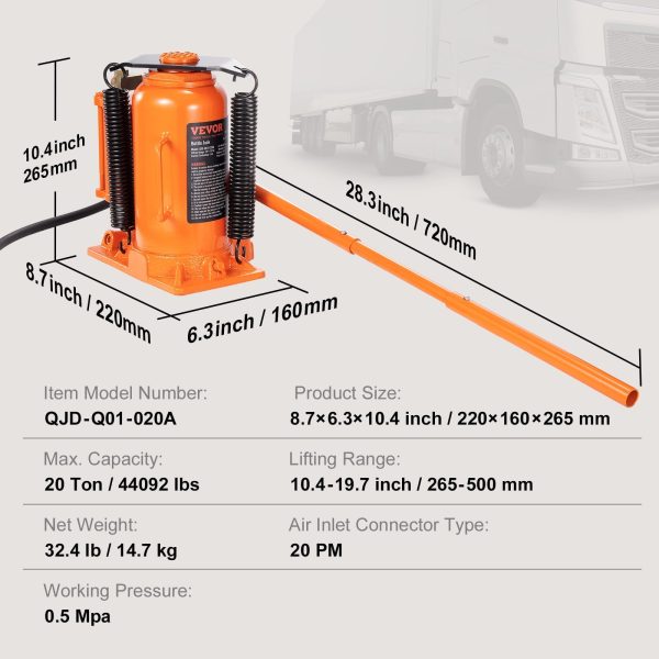 VEVOR Air Hydraulic Bottle Jack 20Ton 10.4"-19.7" High Lift Pneumatic Bottle Jack Portable Auto Repairing Shop Tool for Vehicles Trucks Cars - Image 7