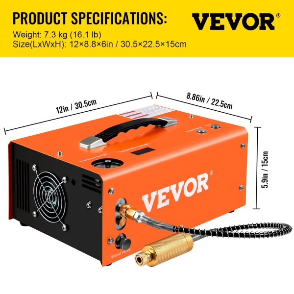 VEVORbrand PCP Air Compressor, 4500PSI Portable PCP Compressor, 12V DC 110V/220V AC PCP Airgun Compressor Auto-stop, w/ Built-in Adapter, Fan Cooling, for Paintball, Air Rifle, Mini Diving Bottle - Image 7