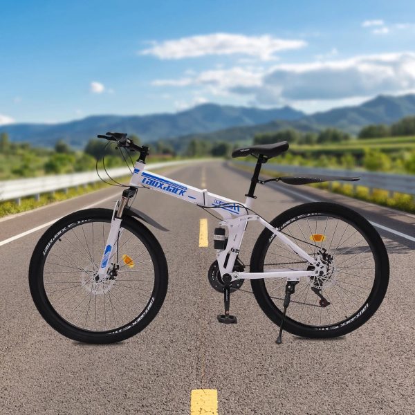 26 inch Foldable Mountain Bike 21 Speed Full Suspension Folding Bicycles with High-Carbon Steel,Double Disc Brake Outroad MTB Bicycles for Adults Men Women - Image 2