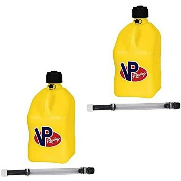 VP Racing Fuels Motorsport 5 Gallon Square Plastic Utility Jug Yellow w/ 14 Inch Hose (2 Pack) Features Close-Trimmed Cap and Neck for Tight Seal