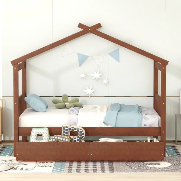 Upgrade your bedroom decor with this cozy and elegant Twin Size Wooden House Bed. Featuring spacious drawers and a stylish walnut finish this bed is the perfect addition to your bedroom. - Image 2