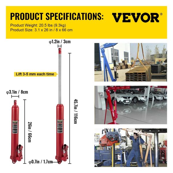 VEVOR Hydraulic Long Ram Jack, 8 Tons/17636 lbs Capacity, with Dual Piston Pump and Clevis Base, Manual Cherry Picker with Handle, for Garage/Shop Cranes, Engine Lift Hoist, Red - Image 4