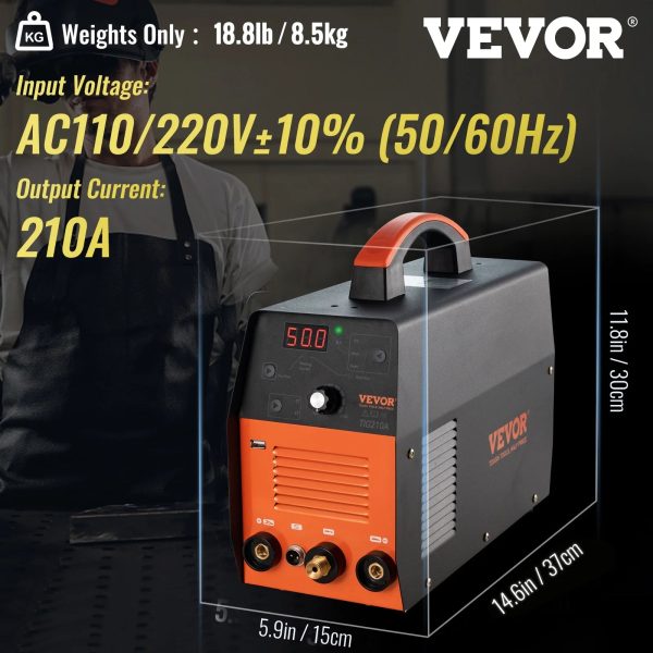 VEVOR TIG Welder, 210Amp 3 in 1, 110/220V Dual Voltage HF TIG/Stick/Clean Welding Machine w/ USB, IGBT Inverter & Torch, Digital Arc Welder for Stainless Steel, Iron, Mild Steel, Copper, and Nickel - Image 7