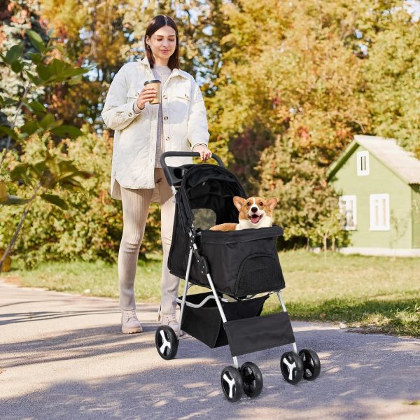 Pet Stroller 4 Wheels Dog Cat Stroller for Small Medium Dog Cats Carrier Jogger Travel Foldable Puppy Stroller with Storage Basket and Cup Holder - Image 8