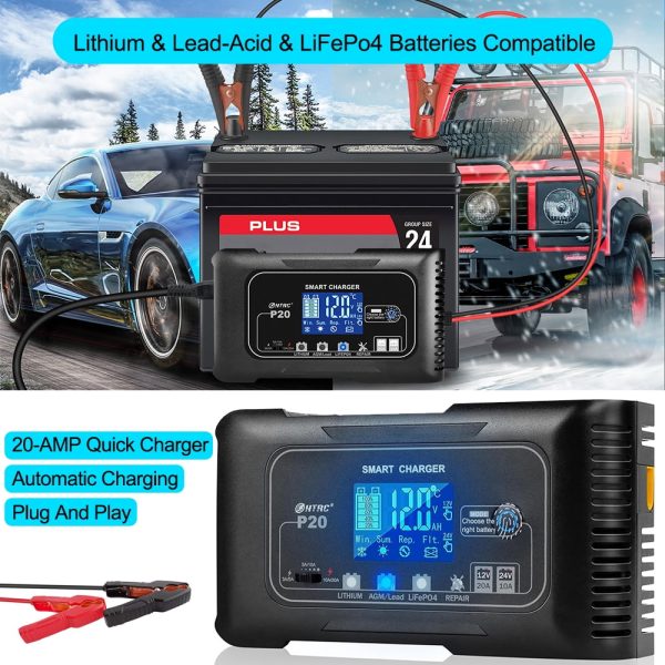 20-Amp Smart Battery Charger,Lithium,LiFePO4,Lead-Acid(AGM/Gel/SLA..) Car Battery Charger,Trickle Charger, Maintainer/deep Cycle Charger,12V/20A and 24V/10A,for Boat,Motorcycle,Lawn Mower,Golf - Image 2