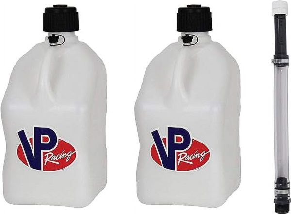 VP Racing Fuels Motorsport 5 Gallon Square Plastic Utility Jug White & 14 Inch Hose (2 Pack)