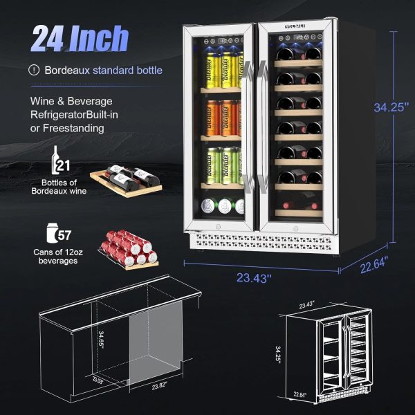 Yolsali 24 Inch Wine Cooler, Beverage Refrigerator, Dual Zone Wine Cooler Refrigerator with 2 Safety Locks, Adjustable Legs, Soft LED Light, Hold 20 Bottles and 57 Cans, Built-In or Freestanding - Image 3