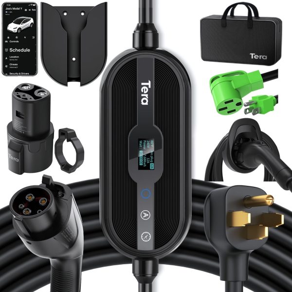 Tera Portable EV Charger Adjustable 32A Max, Level 1 & 2, NEMA 5-15 14-50R Adapter, Tesla & All SAE J1772 EV