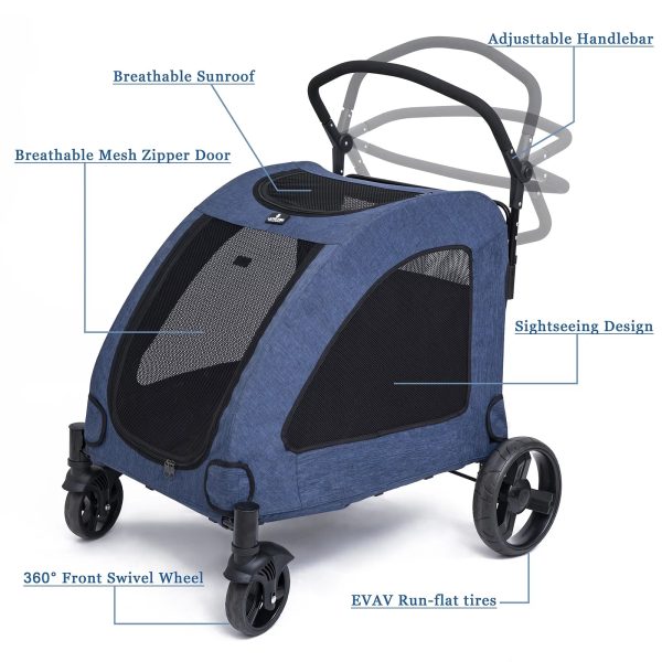 Tikysky 4 Wheel Pet Stroller for Dog and Cat ,Light Foldable,Breathable Mesh Windows,Blue - Image 5