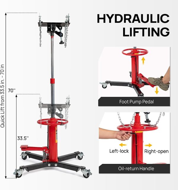 TUFFIOM Transmission Jack, 1,100 lbs 1/2-Ton Hydraulic 2-Stage High Lift Vertical Telescoping Floor Jack Stand, 34" to 68" Lifting Range, w/Pedal, 360° Swivel Wheels, Garage/Shop Lift Hoist - Image 11