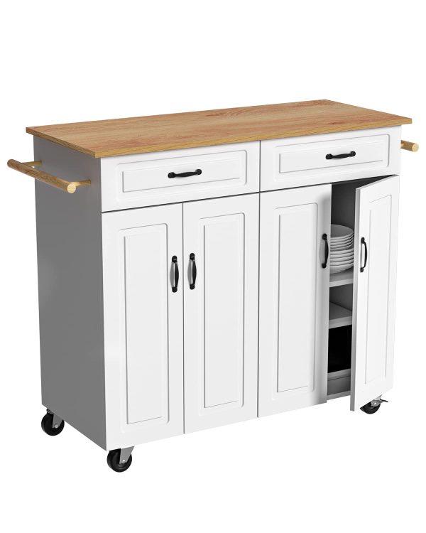 4 EVER WINNER White Kitchen Island with Storage on Wheels, Rolling Kitchen Island Cart with 2 Drawers& 4 Storage Cabinets, Wooden Countertop, Towel Racks, Adjustable Shelves - Image 7