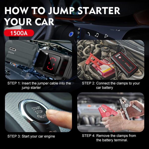 1500A Car Jump Starter 12V 14000mAh(up to 8L Gas,6L Diesel Engines) with USB Quick Charge 3.0 and Smart Clip - Image 5