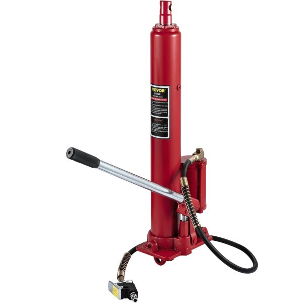 VEVOR Hydraulic / Pneumatic Long Ram Jack, 8 Tons/17363 lbs Capacity, with Single Piston Pump and Clevis Base, Manual Cherry Picker w/Handle, for Garage/Shop Cranes, Engine Lift Hoist, Red