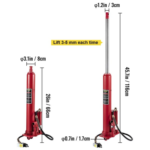 VEVOR Hydraulic / Pneumatic Long Ram Jack, 8 Tons/17363 lbs Capacity, with Single Piston Pump and Clevis Base, Manual Cherry Picker w/Handle, for Garage/Shop Cranes, Engine Lift Hoist, Red - Image 8